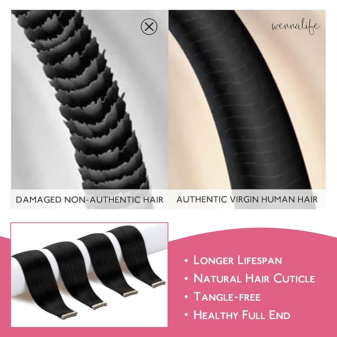 WENNALIFE Tape in Hair Extensions Human Hair Jet Black Tape in Extensions, 10pcs 30g 26 inch Remy Invisible Tape Ins Straight Colored Soft Real Human Hair Tape in Extensions Refill Set Extensions