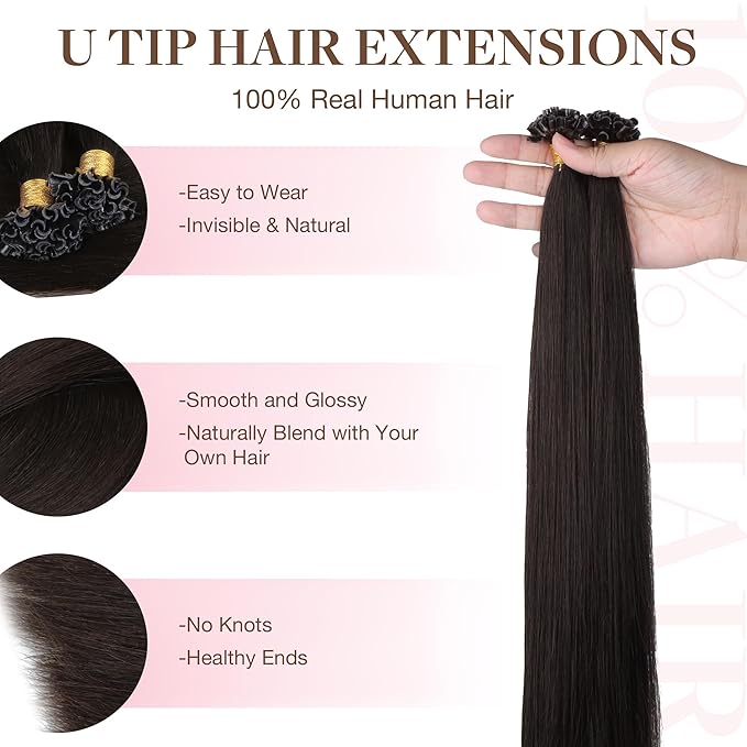 GOO GOO U Tip Hair Extensions, Real Human Hair, 18inch 50g 50S, Hot Fusion U Tip, Invisible Remy, 2 Dark Brown