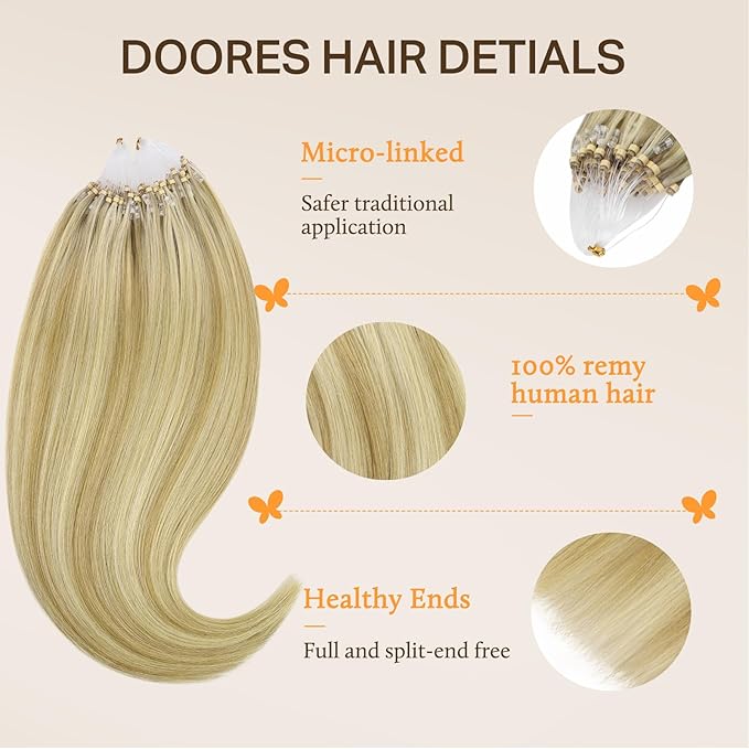 DOORES Microlink Hair Extensions Natural Hair Extensions, Light Blonde Highlighted Golden Blonde 20 Inch 50g/50s, Straight Remy Human Hair Extensions for Women