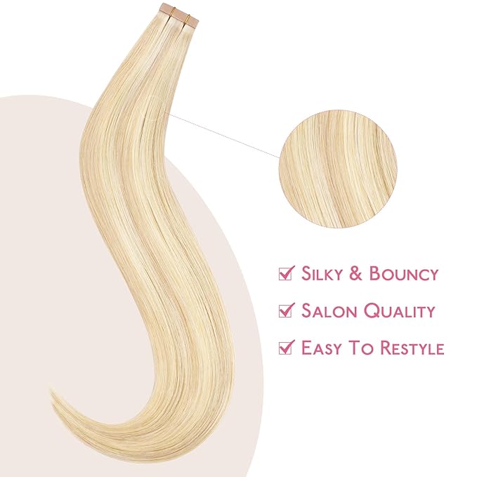 WENNALIFE Tape in Hair Extensions Human Hair Balayage Light Wheat Platinum Blonde Tape in Extensions, 10pcs 30g 24 inch Remy Invisible Tape Ins Straight Colored Soft Real Human Hair Tape in Extensions