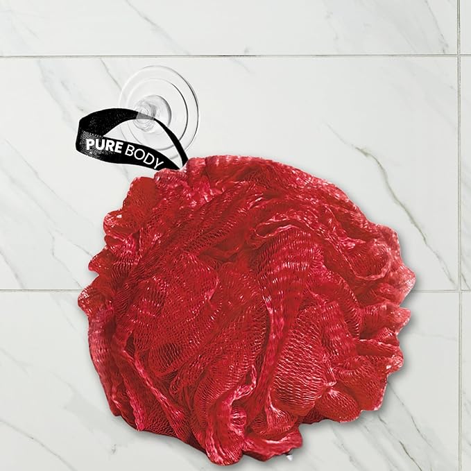 Large Bath Sponge Pack of 3 – Soft 70G Mesh Loofahs with Suction Cup (Dark Red): Gentle Exfoliation for All Skin Types, Rich Lather Poufs for Daily Shower Use