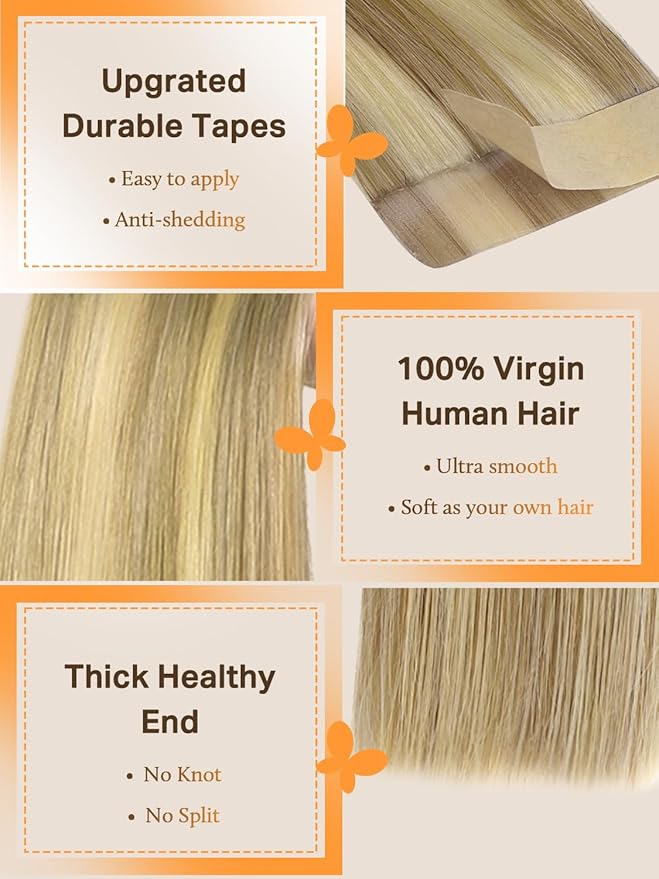 DOORES Tape Hair Extensions Human Hair, Light Blonde Highlighted Golden Blonde 10 Inch 20g 10pcs, Human Hair Extensions Natural Hair Remy Hair Extensions