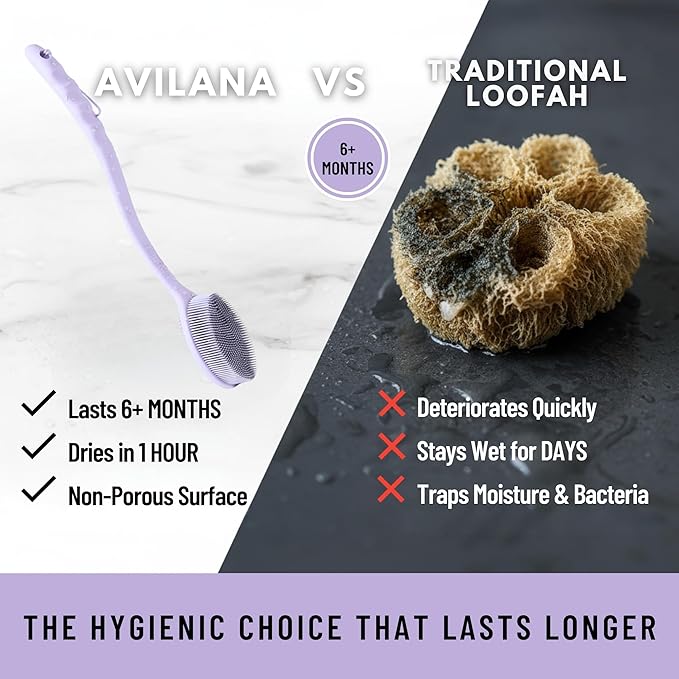 Long Handle Back Scrubber for Shower - 19 inch Extended Reach Silicone Body Brush - Avilana Bath Scrubber Extended Reach Tool - Easy Grip Body Wash Brush Gift