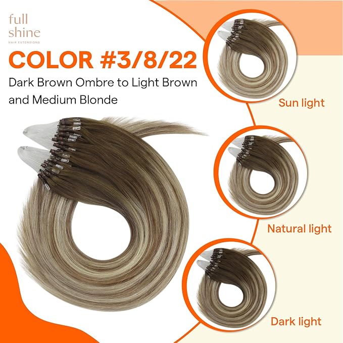 Full Shine Micro Loop Hair Extensions Human Hair Brown Ombre Ash Blonde and Honey Blonde Micro Link Human Hair Extensions 16 Inch Prebonded Extensions Remy Hair 50G with 7G Micro Beads