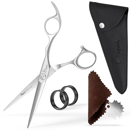 Professional Hair Scissors 5.5 Inch with Extremely Sharp Blades, 440C Steel Hair Cutting Scissors, Durable, Smooth Motion & Fine Cut, Barber Scissors with Elegant Sheath, Cleaning Leather & Key