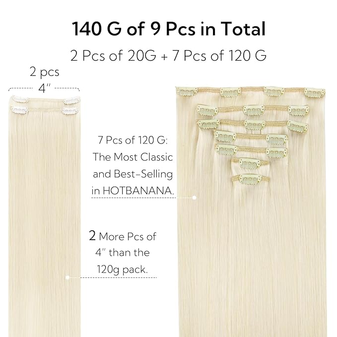 HOTBANANA Clip in Hair Extensions Real Human Hair, 150g 9pcs 20 inch Ivory Blonde Straight Remy Clip in Extensions Full Head for Women