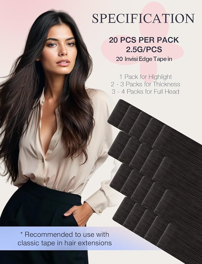 DOORES Invisi Edge Seamless Tape in Hair Extensions Human Hair, Natural Black 10 Injection Tape-ins with 10 Injection Tape-ins 50g 20 Inch, Injected Tape in Extensions