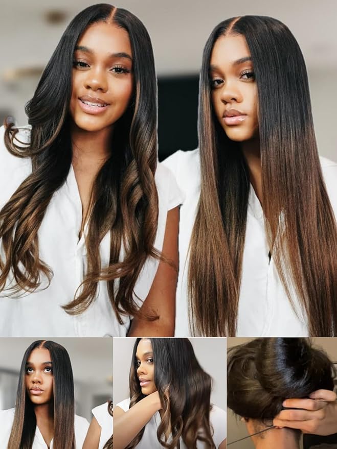Nadula Chestnut Brown Ombre Yaki Straight Bye Bye Knots Glueless Drawstring Wig Human Hair, Pre Cut 7x5 Invisible Knots HD Lace Front Wigs Pre Plucked,Pre Everything Light Kinky Straight Wig 16inch