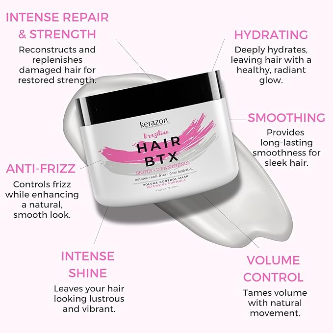 KERAZON Intensive Brazilian Hair BTX Smoothing Treatment 8oz 236ml For All Hair Types, Thermal Activated Hair Mask Damaged Hair and Long Lasting Volume And Frizz Control