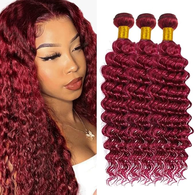 Freiuoke 99J Human Hair Bundles Burgundy Deep Wave 3 Bundles 20 22 24 Inch 150g Brazilian Unprocessed Virgin Hair Red Bundles Human Hair Extensions