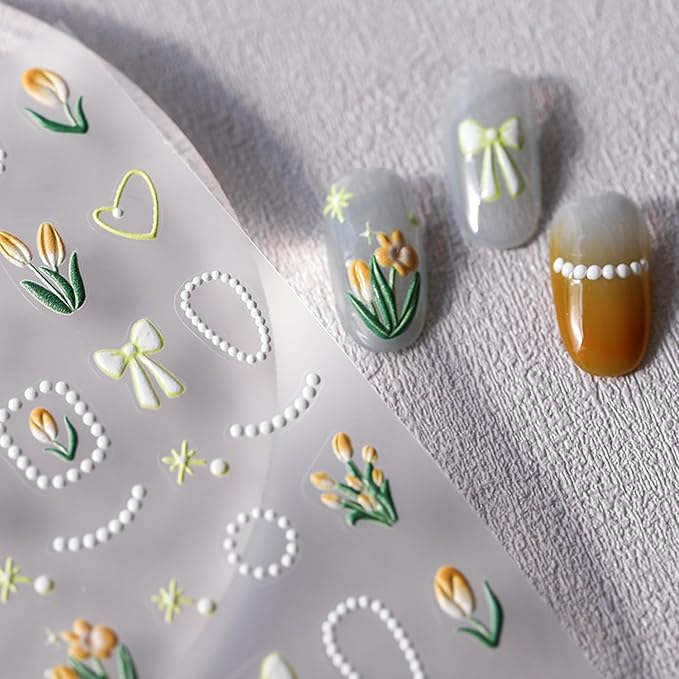 Flower Nail Stickers 5D Embossed Nail Art Stickers Decals Self-Adhesive Tulips Floral Bows Spring Summer Nail Art Design Decoration Accessories(1, Tupis)