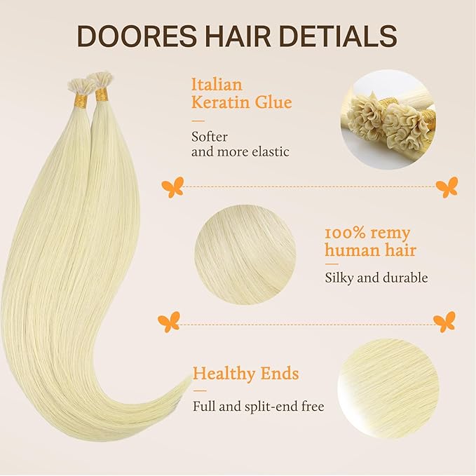 DOORES U Tip Hair Extensions Human Hair, Platinum Blonde 16 Inch 50g/50s, K Tip Extensions
