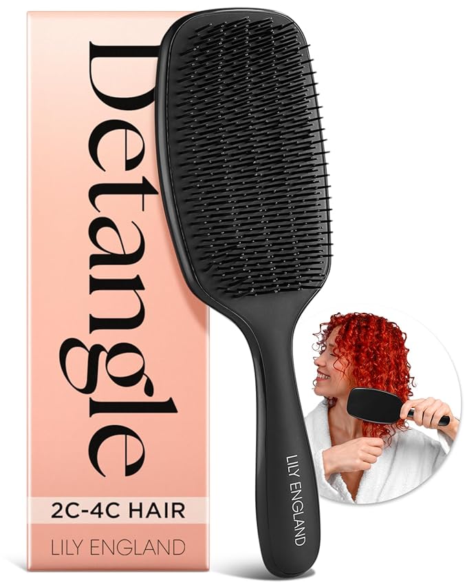 Lily England Curly Hair Brush - Pain-Free Detangling & Styling Brush With Flexible Bristles for Wet & Dry Hair - Easy to Hold for 3c to 4c Hair, Black