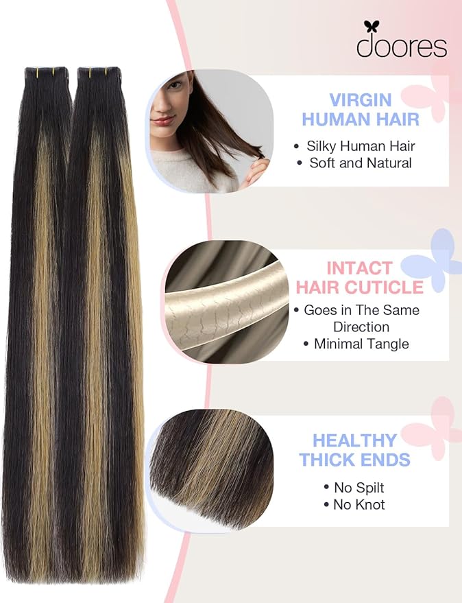 DOORES Invisi Edge Tape in Hair Extensions, Natural Black to Light Blonde 10 Injection Tape-ins with 10 Injection Tape-ins 50g 18 Inch, Injected Tape in Extensions Straight