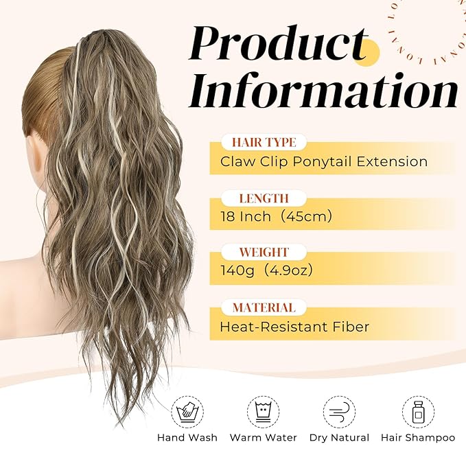 LONAI Ponytail Extension, 18" Wavy Claw Clip Ponytail Extensions ZJ001 Shoulder Length Curly Wavy Claw Clip in Ponytail Hair Extensions Synthetic Fake Pony tails Hairpieces-Ash Brown with white Blonde