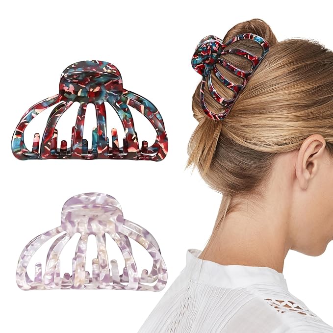 Shinowa Hair Clips, 2-Pack Bohemian Tortoise Shell Hair Claw Clips Strong Hold Big Hair Jaw Clips for Thick Hair, Hair Accessories for Women Girls, Colorful + Pink
