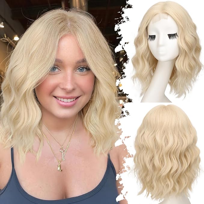 Blonde Short Wavy Wig for Women Lace Hairline Bob Style Synthetic Heat Resistant - Natural Appearance for Everyday Hairstyle 14 Inch