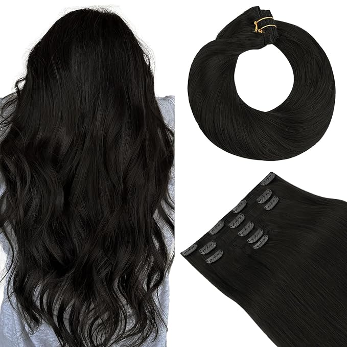 HOTBANANA Real Human Hair Clip in Hair Extensions, 5Pcs 60g 14 Inch Natural Black Straight Remy Clip in Extensions