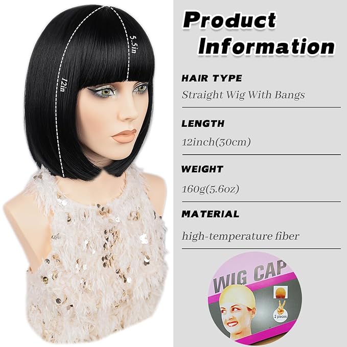 MAYSA Black Bob Wigs with Flat Bangs for Women Short Straight Black Wig Includ Wig Cap Synthetic Daily Party Natural Looking Wigs 12Inch #1B ﻿