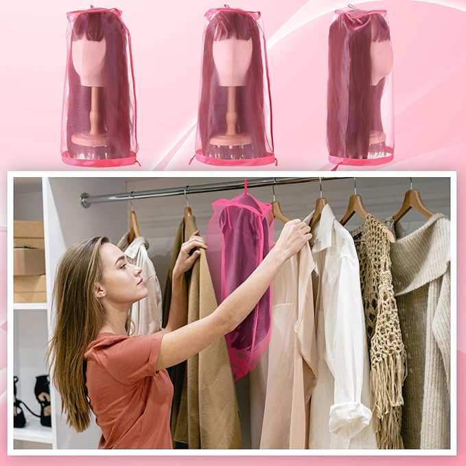 Loopeer 6 Pcs Wig Storage Bags Adjustable Wig Bag with Drawstring Portable Travel Organizer for keep from Dirt Dust(Rose Red)