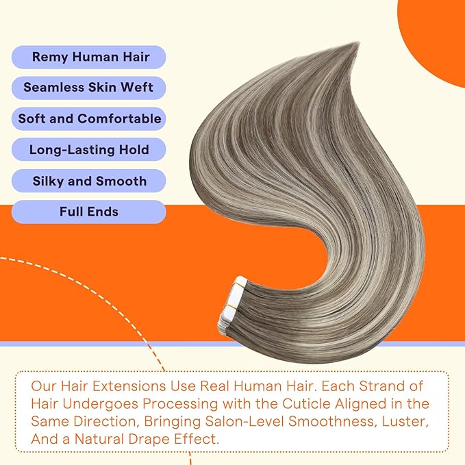 Full Shine Tape in Hair Extensions 50grams Seamless Tape in Extensions Balayage Color 7 Fading to 1000 Blonde and 7 Brown Remy Natural Human Hair Extensions 20 Inch 20PCS for Party