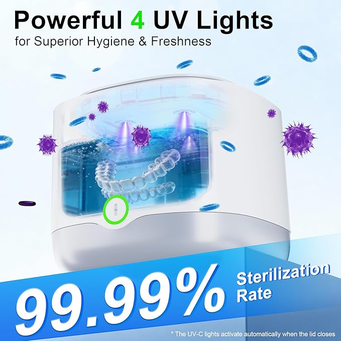 Ultrasonic Retainer Cleaner, 45kHz Retainer Cleaner Machine for Denture, Night Guard, Mouth Guard, Aligner, Brace, 24W Dental Cleaning Pod with 4 UV Lights, 200ml, Multiple Cleaning Modes