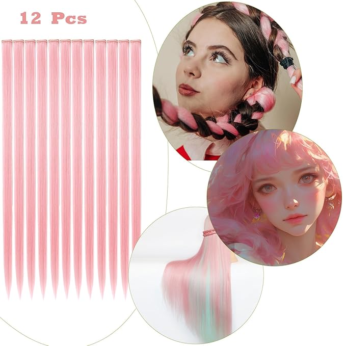 12 PCS Pink Hair Extensions Clip in, 22" Colored Highlights, Synthetic Straight Hair Piece DIY Accessories for Daily Party