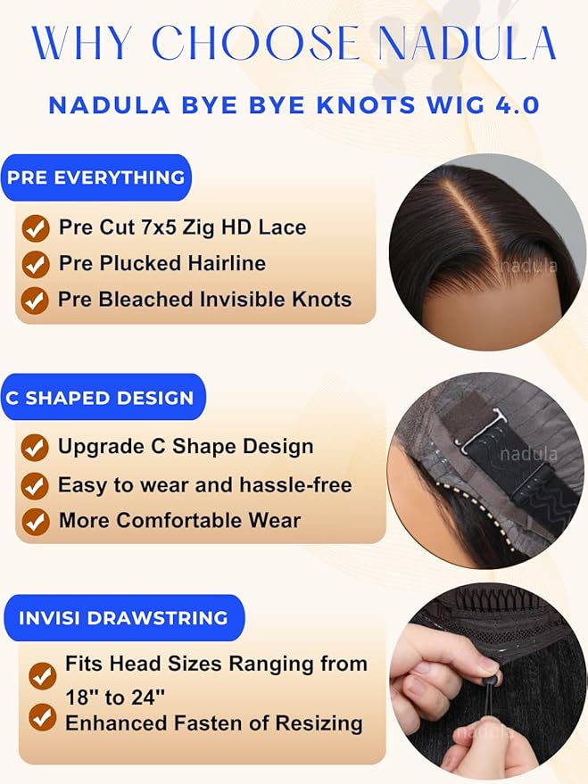 Nadula Bye Bye Knots Yaki Straight Glueless Wig Human Hair with Elastic Drawstring Pre Cut 7x5 Invisible Knots HD Lace Front Put on and Go Wigs Pre Everything Glueless Light Kinky Staight Wigs 18inch