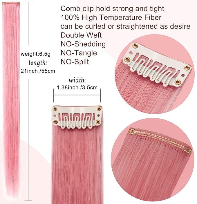 Rhyme 9 PCS Smoke Pink Hairpieces Colored Hair Extensions Clip in/on for America Girls and Women Wig Pieces Princess Party Highlight (Light Pink)