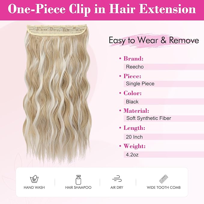 REECHO Blonde Hair Extensions, 20” One Piece Clip in Hair Extensions Thick Long Beach Wavy Natural Soft Synthetic Hairpieces for Women, Ash Blonde with Highlights