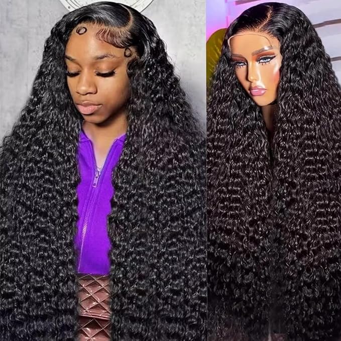 13x6 Deep Wave Lace Front Wigs Human Hair 220 Density HD Transparent Pre Plucked Deep Curly Frontal Wigs Human Hair for Women Natural Black 32 Inch