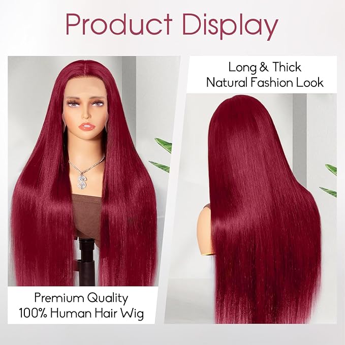 13x6 Burgundy Wig Human Hair,[2 Year Life],200% Density 99j Burgundy 13x6 HD Lace Front Wigs Human Hair Pre Plucked,Free Part Straight Wigs Human Hair for Black Women 32 Inch