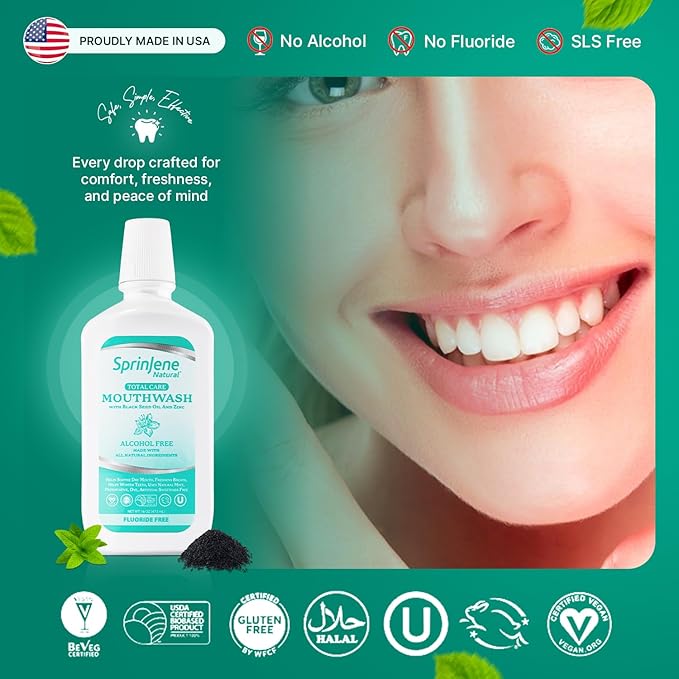 SprinJene Alcohol Free Mouthwash with Xylitol – Fluoride Free Natural Mouthwash for Dry Mouth, Whitening & Fresh Breath – Patented Black Seed Oil & Zinc Formula – Vegan & Made in The USA (2 Pack)