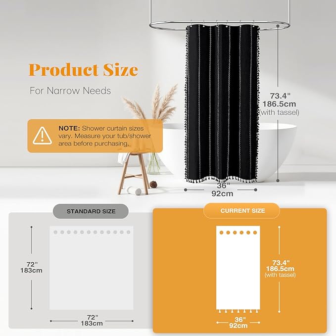 BTTN Boho Shower Stall Curtain - 36x72 Narrow Linen Ultra Thick Striped Tassel Fabric Shower Curtain with 6 Hooks, Half Modern Farmhouse Cottage Weighted Shower Curtains for Bathroom - Black and White