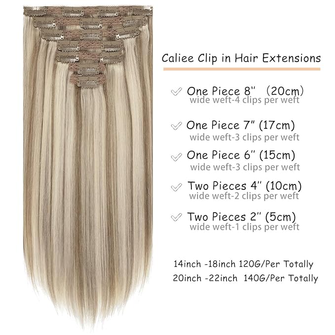 Caliee Clip in Hair Extensions Real Human Hair Ombre P18/613 Champagne Blonde to Bleach Blonde Straight Hair Extensions Clip in 7PCS 120G Hair for Women