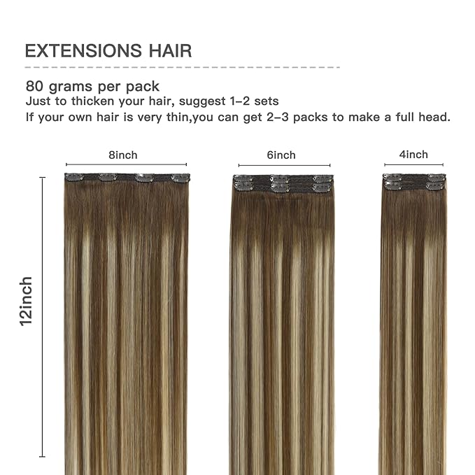 Clip in Hair Extensions Chestnut Brown Balayage to Platinum Blonde Mix Brown Real Human Hair Medium Brown Ombre Hair Extensions Remy Human Hair Clip in Extensions 12 Inch 5Pcs 80g