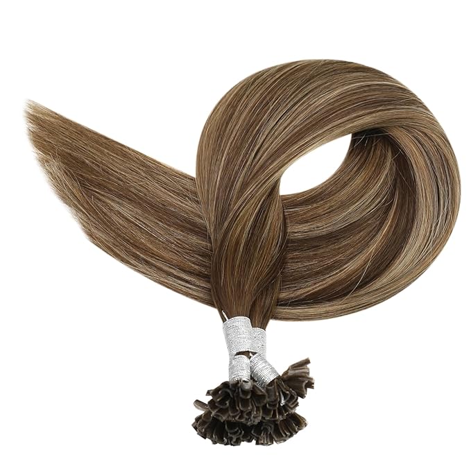 Full Shine U Tip Hair Extensions Human Hair Medium Brown Ombre to Blonde and Brown Keratin Tip Hair Extensions Real Human Hair 16 Inch Fusion Extensions 50 Grams for Women