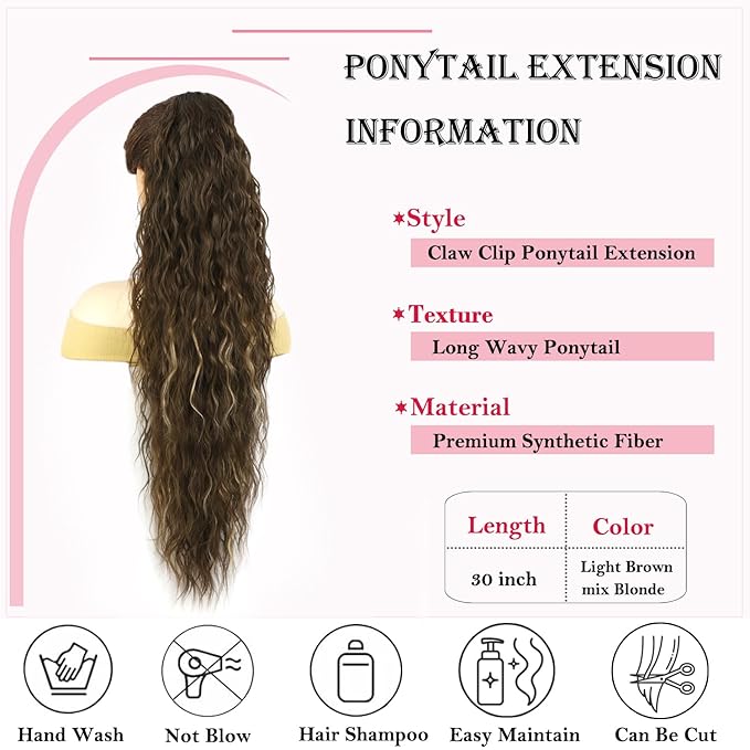 ENBEAUTIFUL 30" Claw Clip Ponytail Extension Long Wavy Ponytail Extension Synthetic Pony Tails Hair Extensions Clip in Synthetic Hair pieces for Women