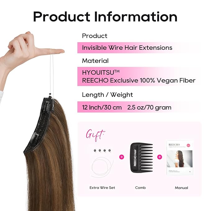 REECHO 12" Invisible Wire Hair Extensions with Thinner Softer Lace Weft Adjustable Size Removable Secure Clips in Short Straight Secret Hairpiece for Women (Medium Brown with Highlights)