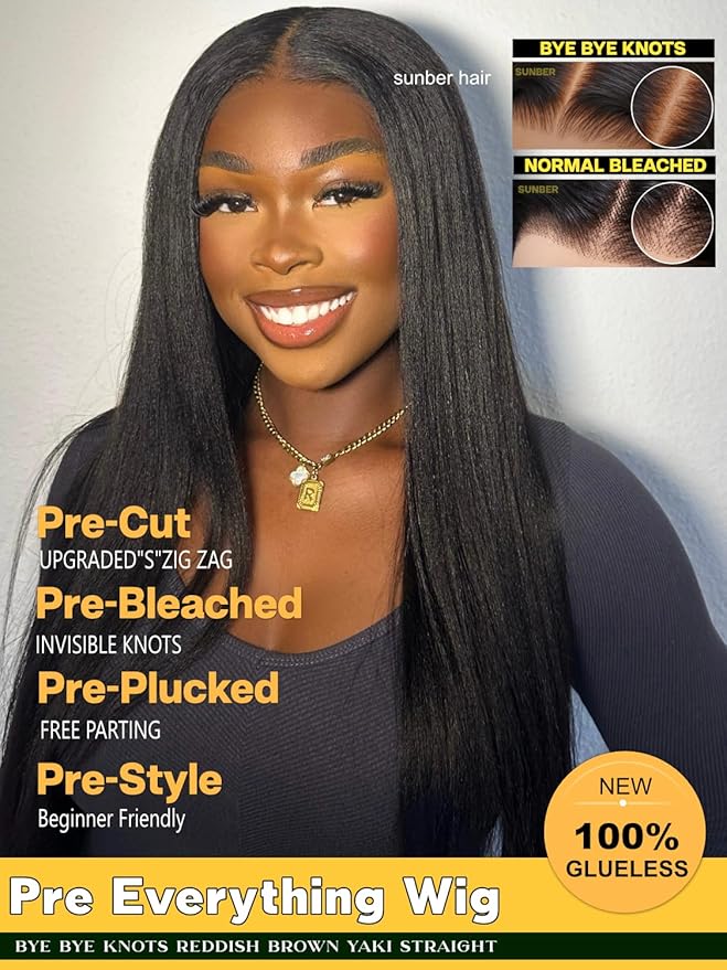 Sunber Yaki Straight Human Hair Pre Everything 13x4 Lace Frontal Glueless Wig Pre Cut Lace Pre Bleached Invisible Knots 180% Density Put on Go Bye Bye Knots No Glue 16Inch Yaki Straight Human Hair Wig