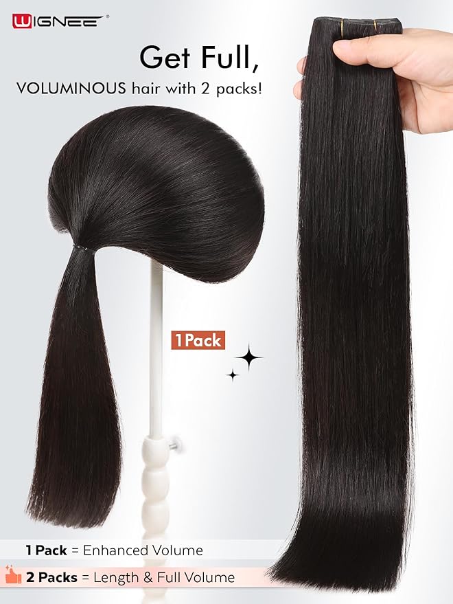 WIGNEE OVO Black Hair Extensions 20 Inch,100% Remy Human Hair,Double Hand-Tied Genius Glueless Weft,Seamless Soft Silky Hair Extensions,Add Volume for Thin Hair,Reusable Salon Quality for White Women