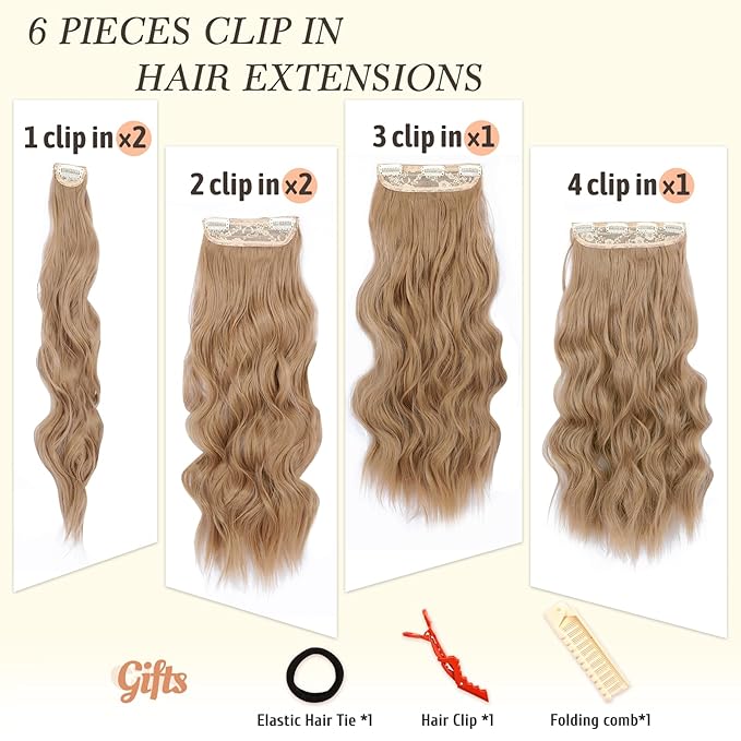 NAYOO Clip in Hair Extensions for Women 20 Inch Long Wavy curly Ash Blonde Hairpieces Full Head Synthetic Hair Hairpieces (6PCS, Ash Blonde)