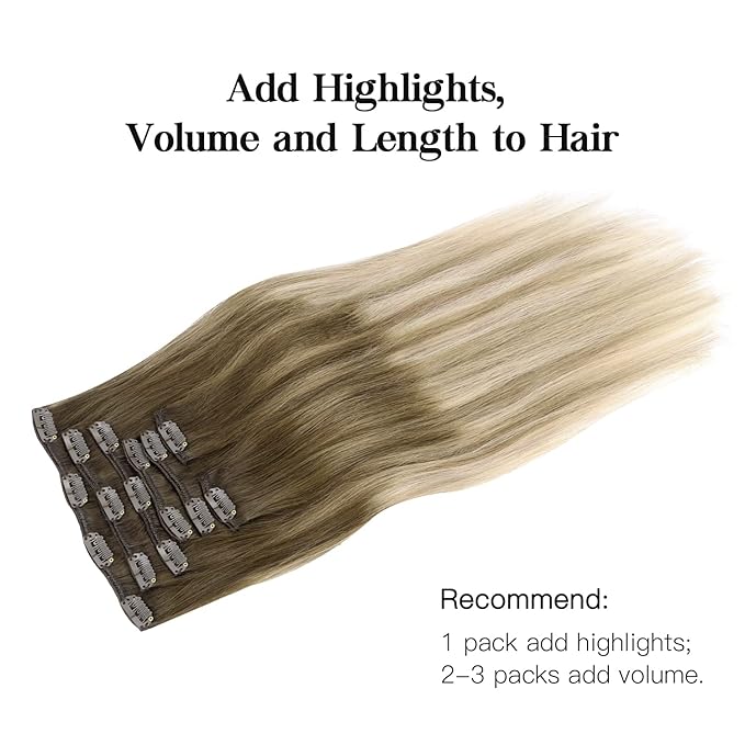 HOTBANANA Human Hair Clip in Hair Extensions, Ombre Walnut Brown to Ash Brown and Bleach Blonde 120g Clip in Hair Extensions Real Human Hair Straight Remy Hair Clip Ins 22 Inch 7pcs