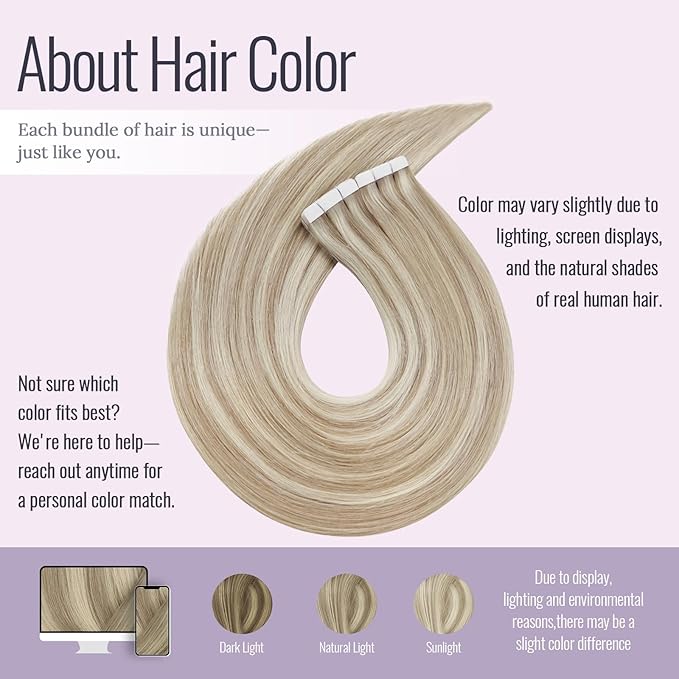 Fshine Tape Hair Extensions Human 22 Inch Highlighted Ash Blonde with Bleach Blonde Tape in Extensions Human Hair Straight Remy Invisible 20 pcs 50 g, for Women, Ladies & Girls