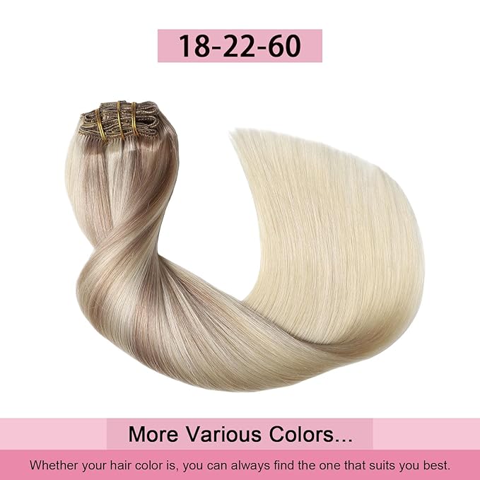 Pro2.0 Remy Clip in Extensions Real Human Hair #18/22/60 Balayage Ash Blonde to Golden Blonde and Platinum Blonde Clip in Hair Extensions Real Human Hair 18inch 120g 7pcs（#18/22/60-18inch）