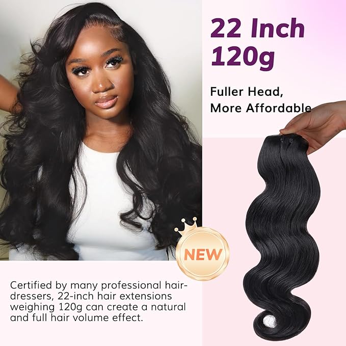 IDN BEAUTY Seamless Clip In Hair Extensions Human Hair, 120g 22 Inch Natural Black Real Virgin Human Hair Body Wave Seamless Clip Ins For Black Women PU Weft Invisible Edge 7pcs Thick Enhancement