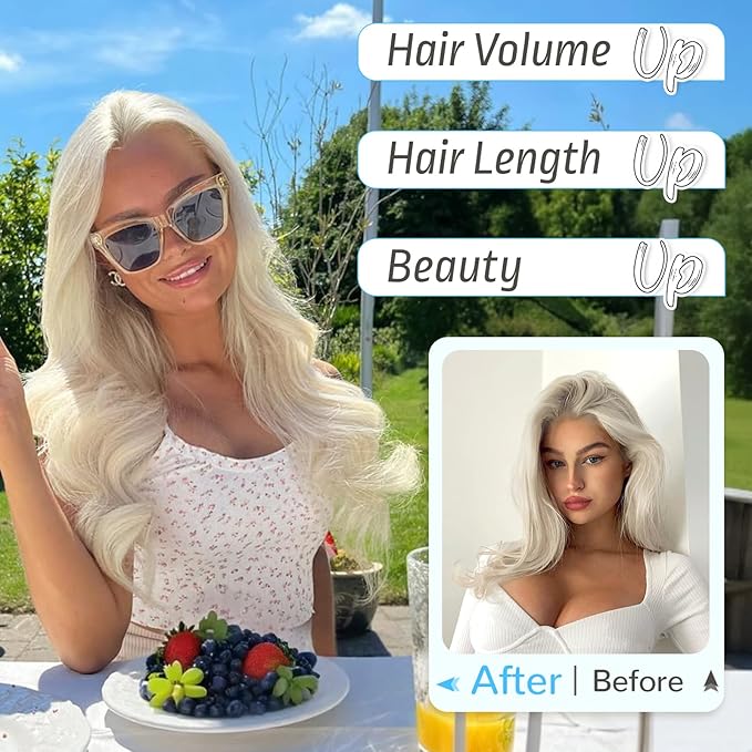 KooKaStyle Invisible Wire Hair Extensions Long Wavy Layered Synthetic Hair Extensions with Transparent Wire Adjustable Size 6 Secure Clips 4T613D#Platinum Blonde Hairpieces for Women 20 Inch