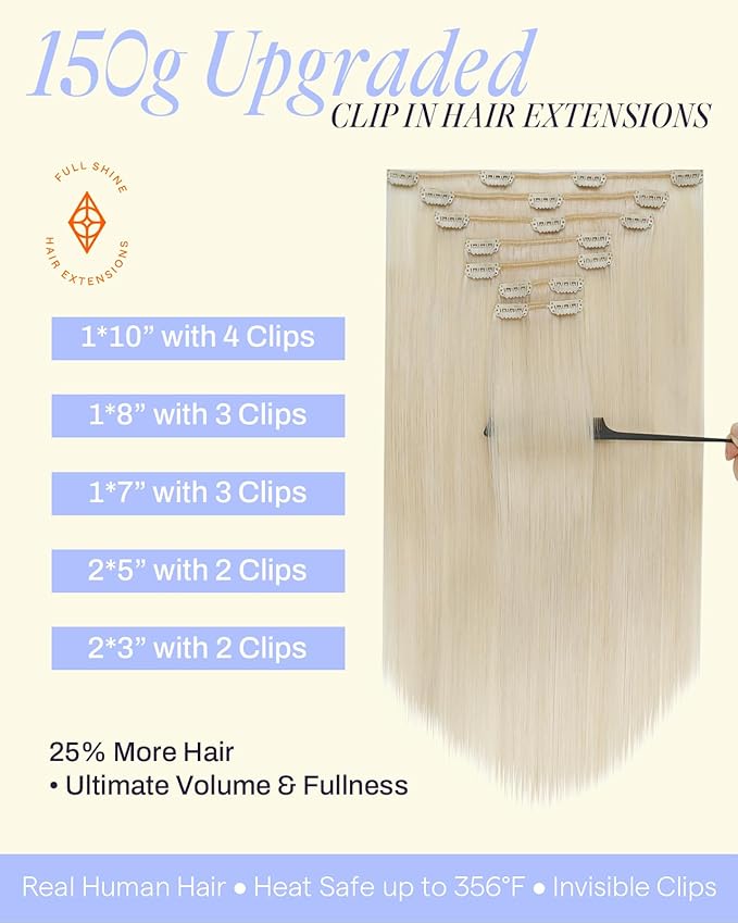 Full Shine Clip on Hair Extensions for Women Blonde 22 Inch 150 G Remy Blonde Human Hair Clip in Extensions 7 Pcs
