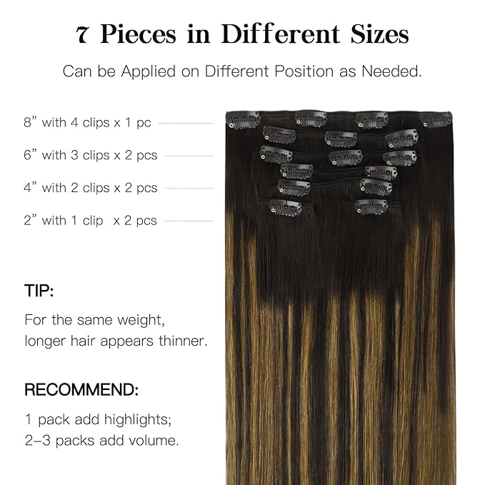 HOTBANANA Human Hair Clip in Hair Extensions, Balayage Natural Black to Golden Brown 120g Clip in Hair Extensions Real Human Hair Straight Remy Hair Clip Ins 22 Inch 7pcs