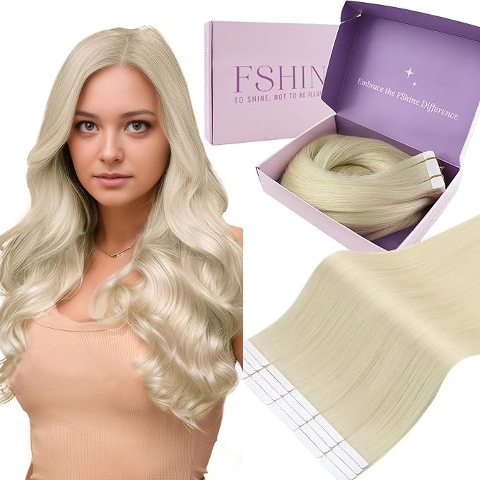 Fshine Tape Hair Extensions Human Invisible Tape in White Blonde Hair Extensions Skin Weft Straight Long for Women 22 Inch 20 pcs 50 g, Designed to Boost Volume & Length